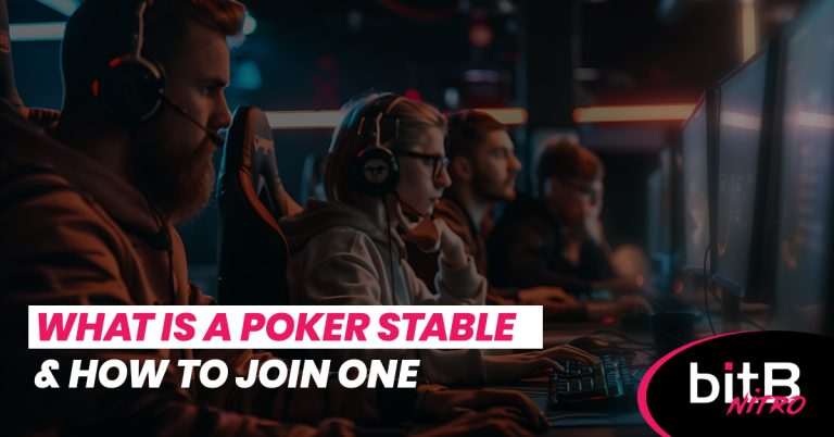 Group of focused online poker players wearing headsets at computer screens, with overlay text “What Is a Poker Stable & How to Join One†and bitB Nitro logo.