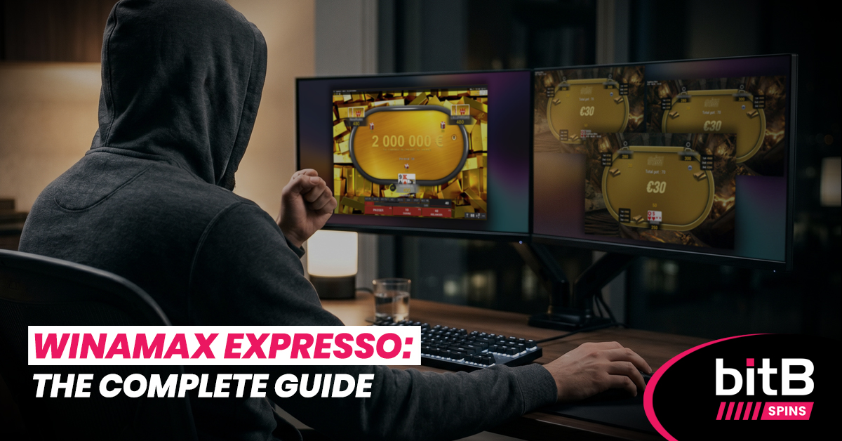 A poker player multitabling Winamax Expresso games on a dual-monitor setup, with a €2,000,000 jackpot screen visible.